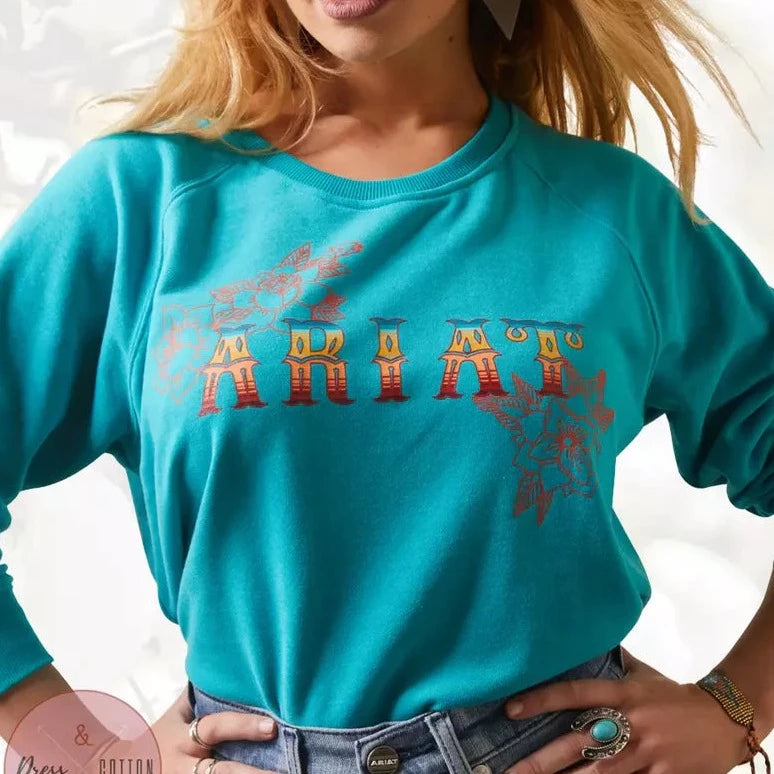 Ariat Women's Western Logo Rose Sweatshirt in Turquoise