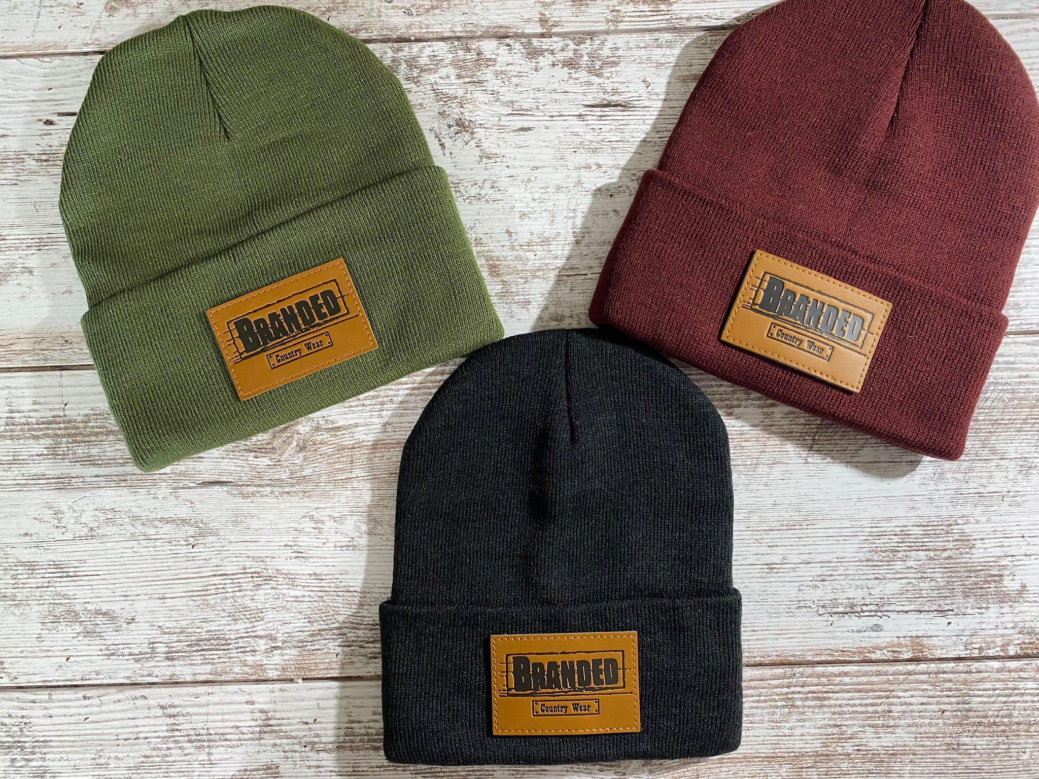 Branded Leather Patch Beanie Olive