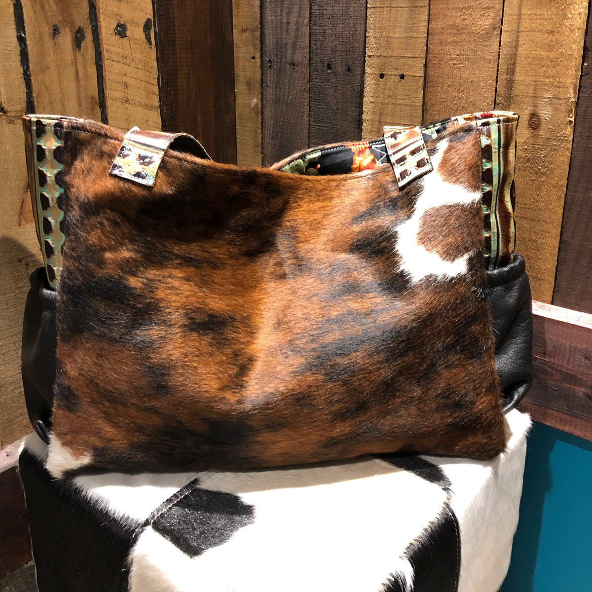 The Whole Herd Cowhide Diaper Bag - Brindle/ Turquoise Navajo