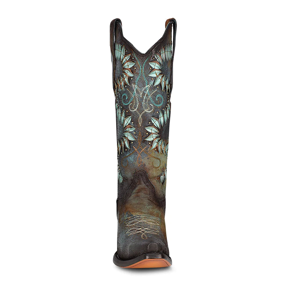 Corral Women's Brown and Turquoise Embroidery Snip Toe Western Boot