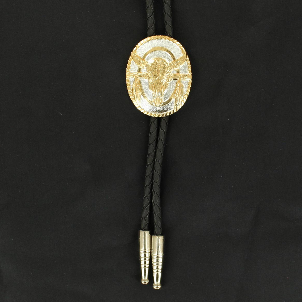 Double S Gold and Silver Cow Skull Feather Bolo Tie