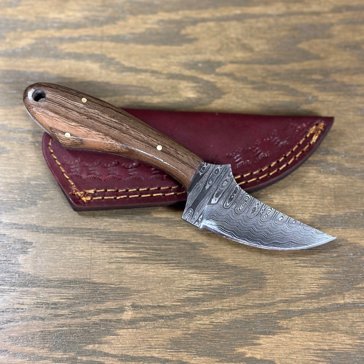 Polished Wooden Handle Fixed Blade Knife-Damascus Blade