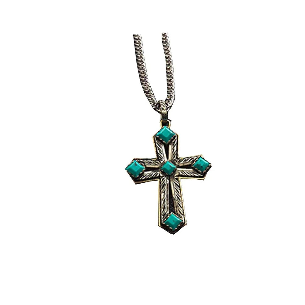 M & F Western Silver Strike Men's Silver and Turquoise Cross Necklace