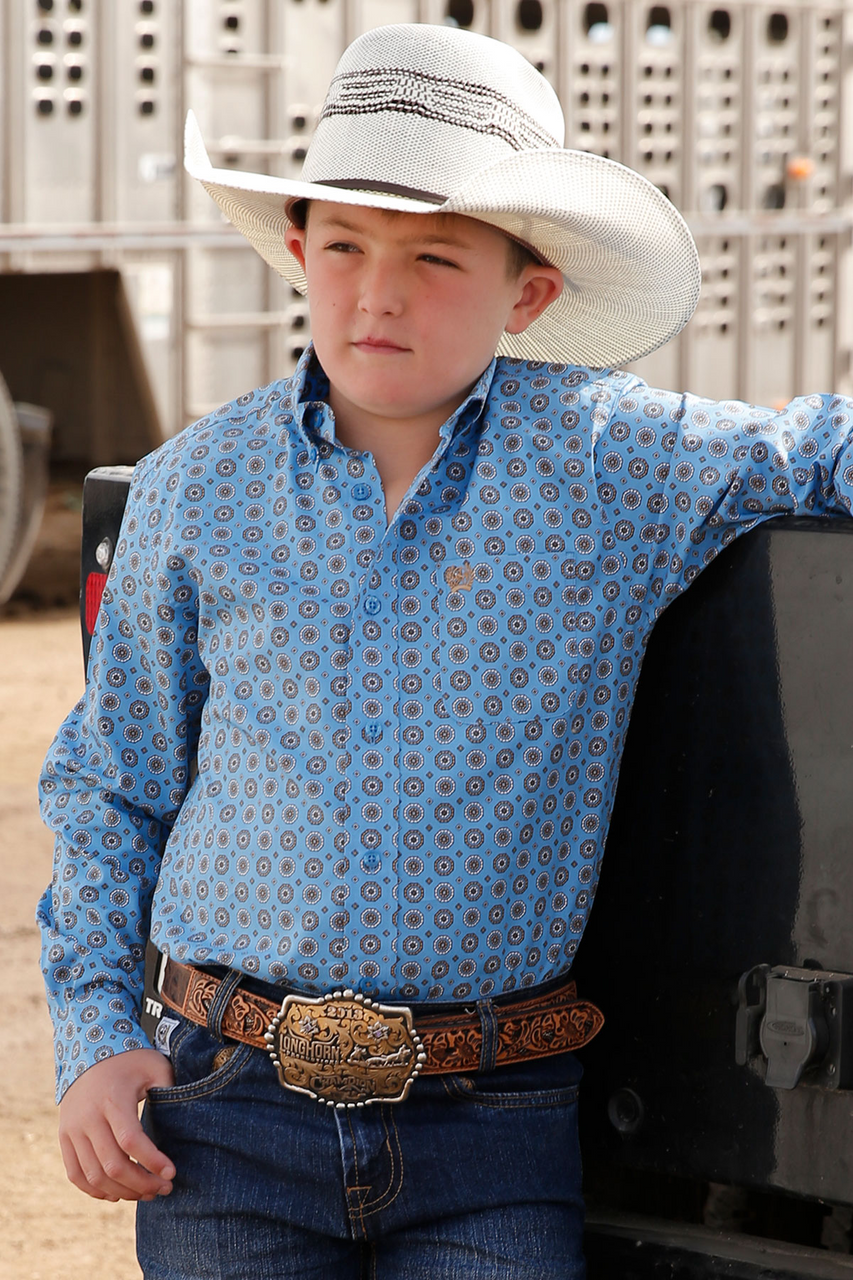 Cinch Boy\'s Blue Geometric Country Western – Branded Down Wear Button Shirt