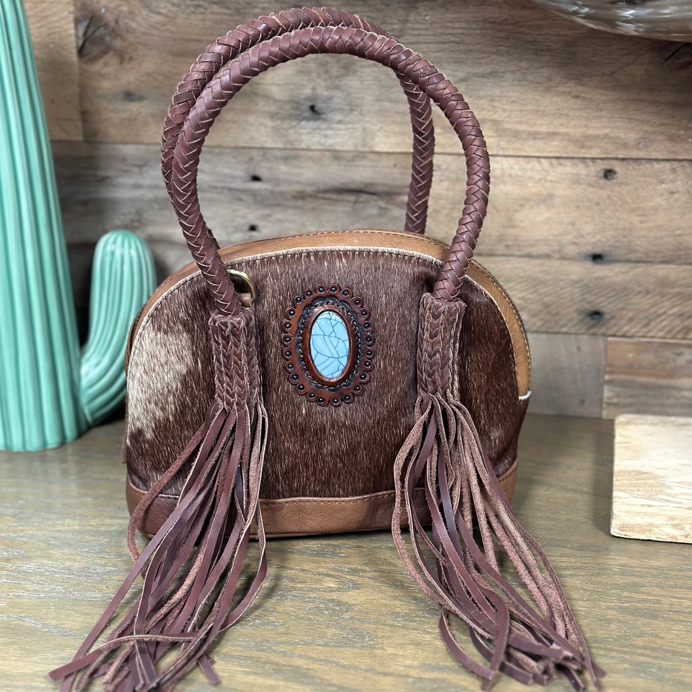 Wrangler Leather Fringe Hobo Bag with Turquoise Concho - Beige