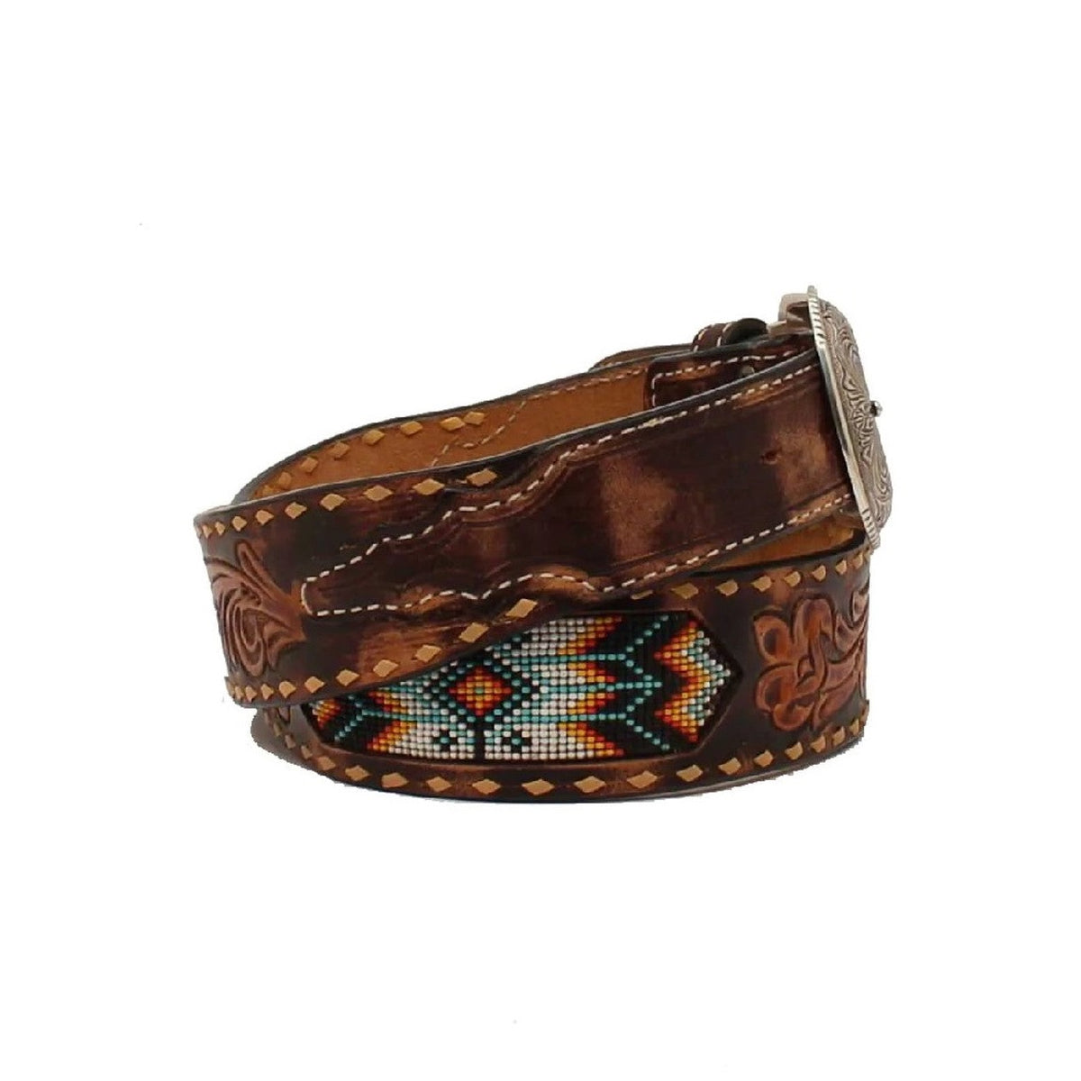 3D Belt Co Men's Aztec Seed Bead & Floral Tooled Leather Belt