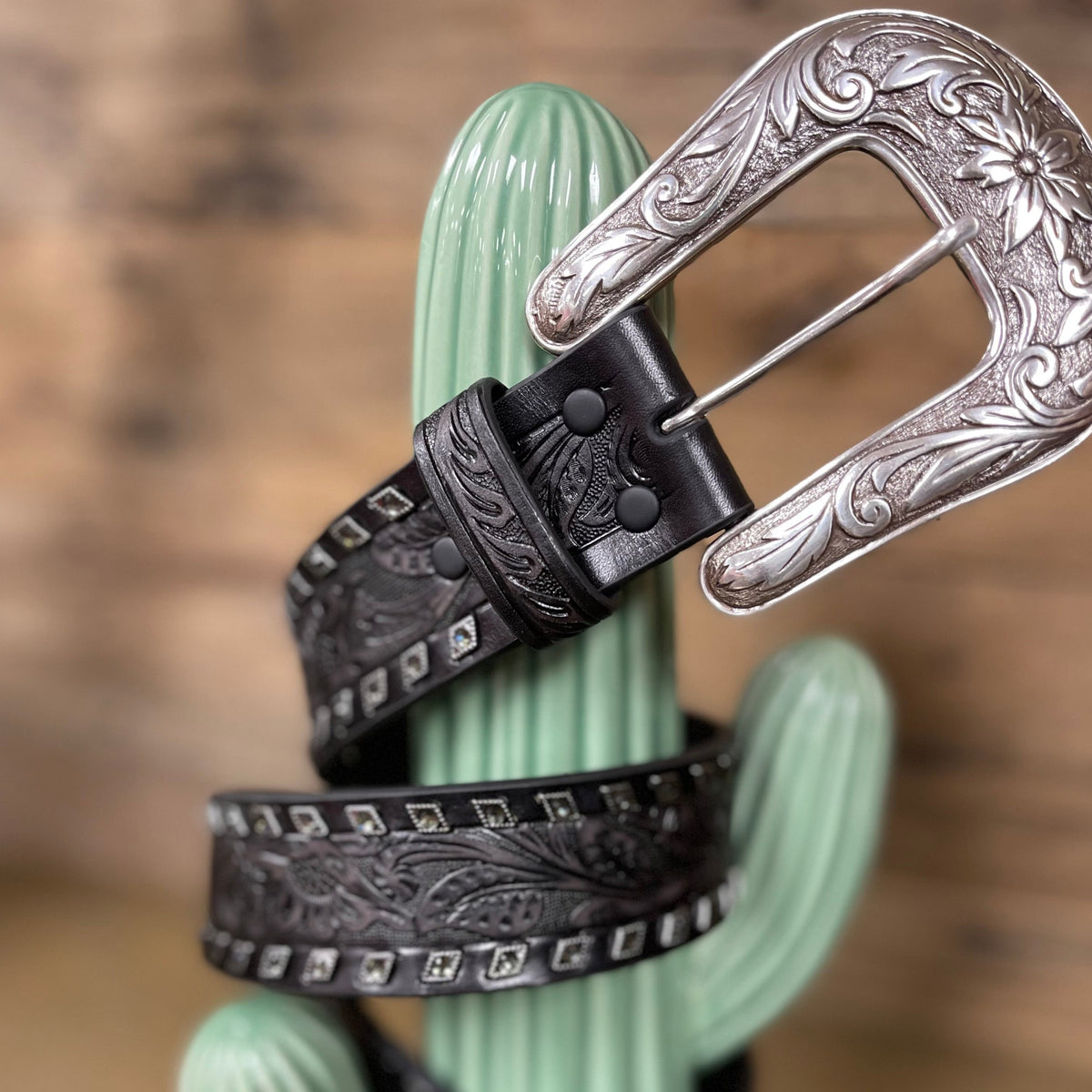 Angel Ranch Women's Floral Embossed Black Diamond Leather Belt