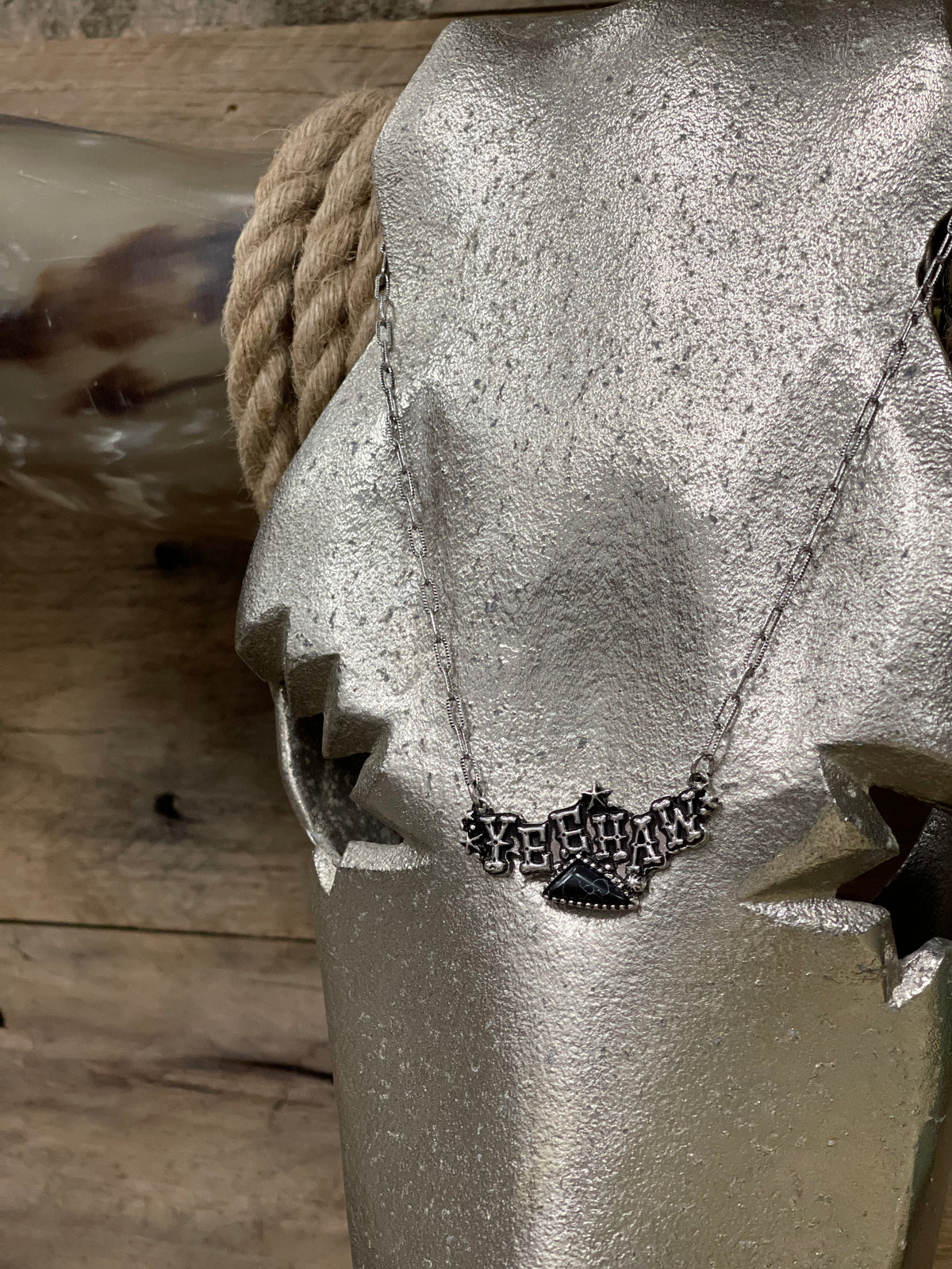 Silver and Black Stone 'Yeehaw' Necklace