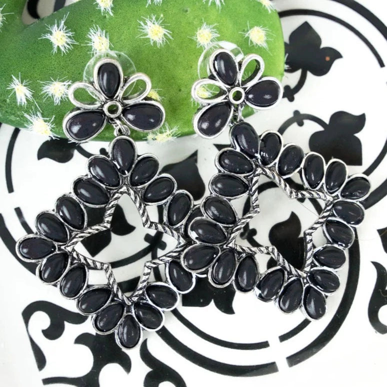 Black Floral Stud with Diamond Pendant Earrings