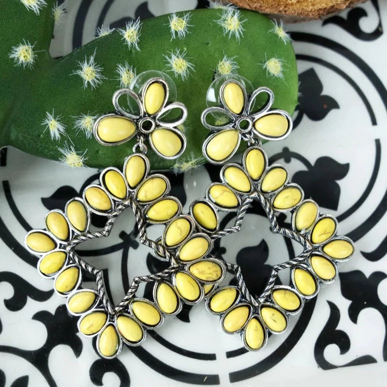 Yellow Floral Stud with Diamond Pendant Earrings
