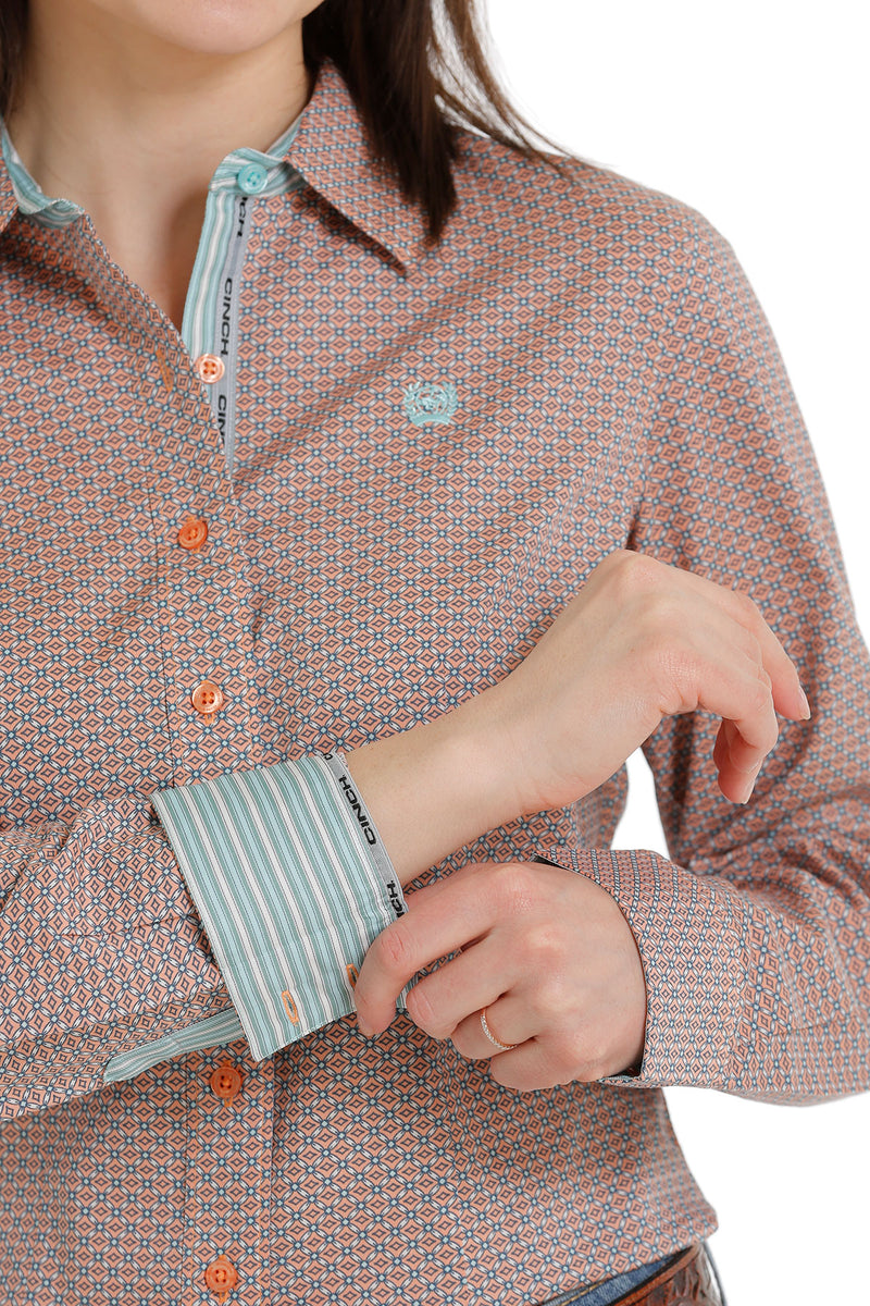Cinch Women's Blush and Blue Diamond Print Western Button Down Shirt