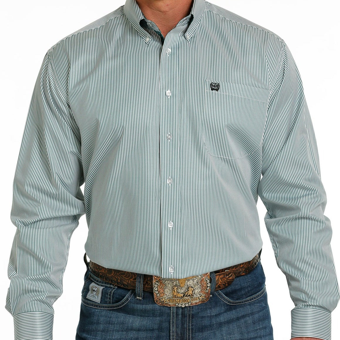 Cinch Men's White and Teal Striped Long Sleeve Western Shirt