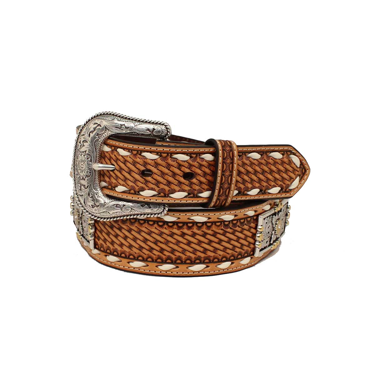 Nocona Men's Tan Leather Basket Weave with Silver & Gold Conchos Western Belt