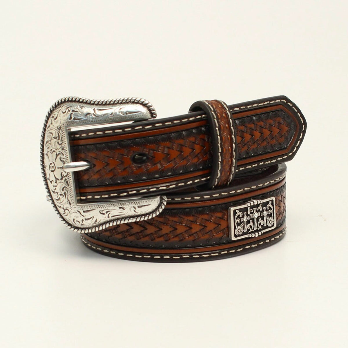 Ariat Boys Silver Concho 3 Crosses Tooled Leather Belt