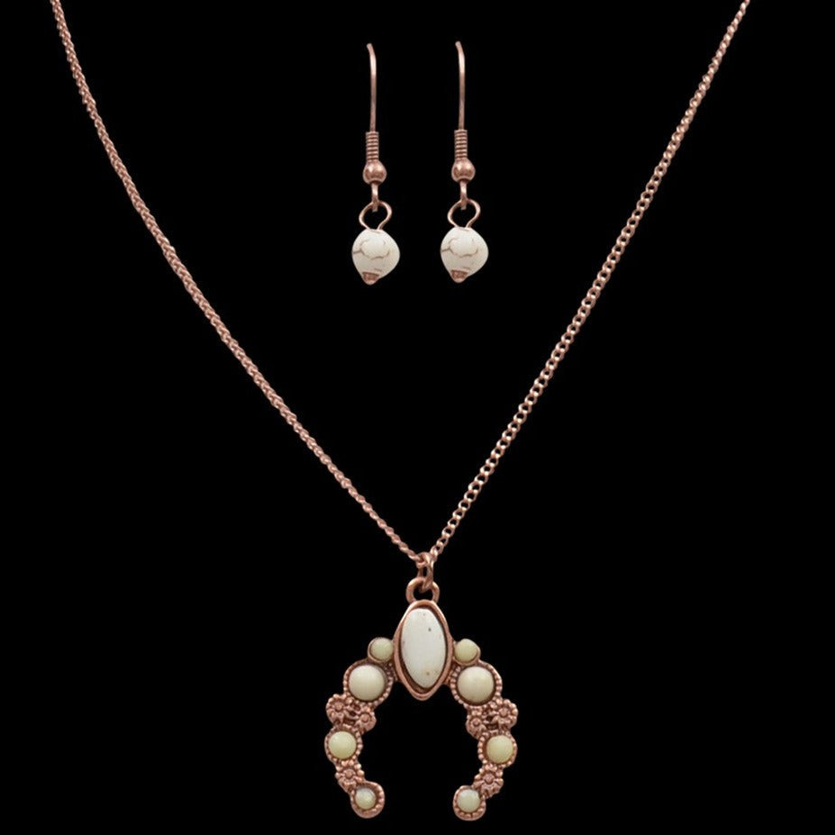 Silver Strike White Turquoise and Copper Squash Blossom Necklace and Earring Set