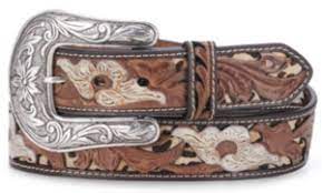 Nocona Women's Tooled Leather White Flowers with Leopard Print Inlay Belt