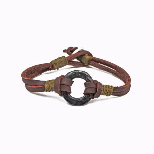 Aadi Men's Pewter Disco with Brown Leather Band Bracelet