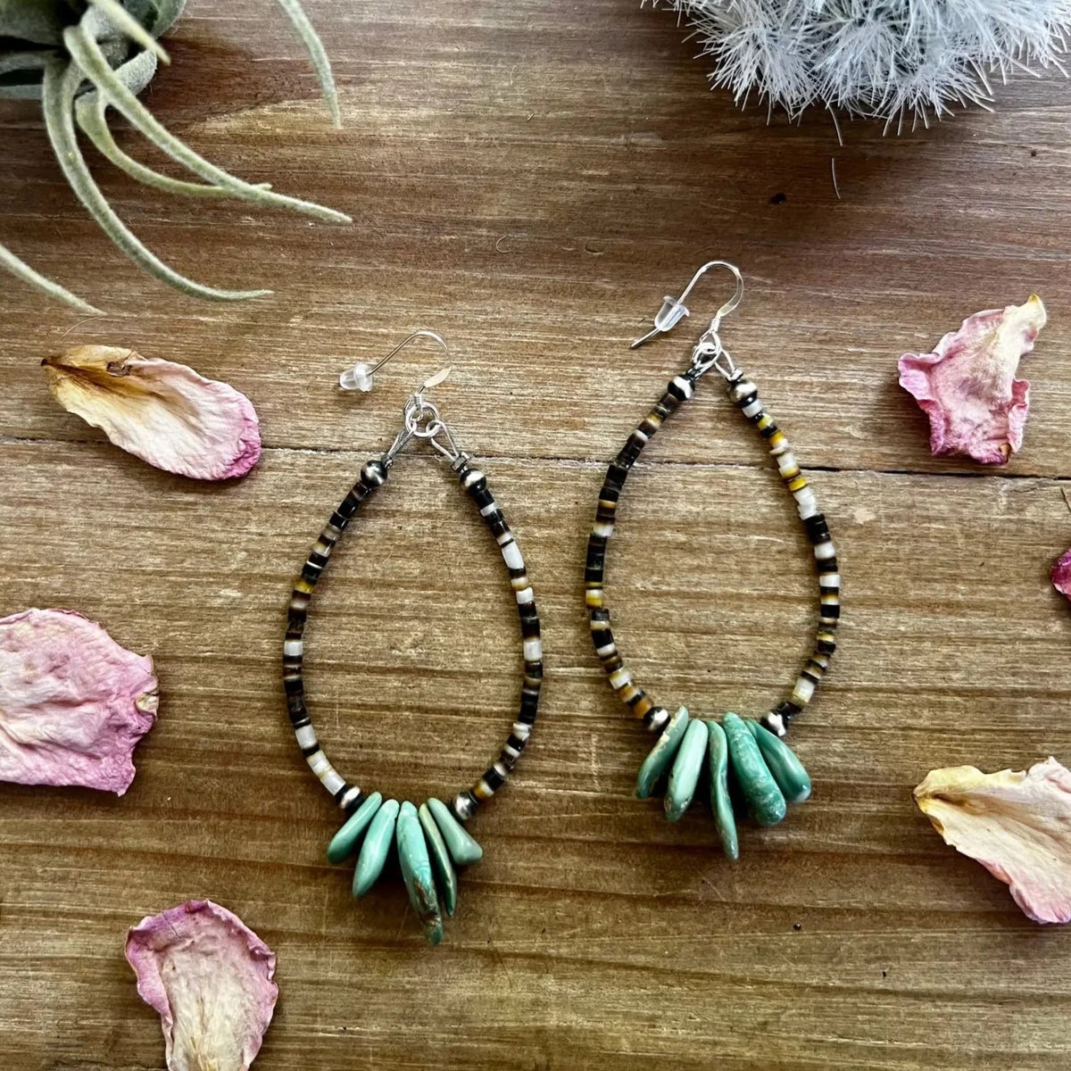 Shell and Authentic Green Turquoise Teardrop Earrings
