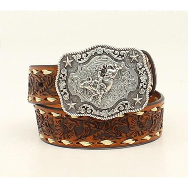 Nocona Boy's Buck Stitched and Floral Tooled Belt with a Bull Rider Buckle