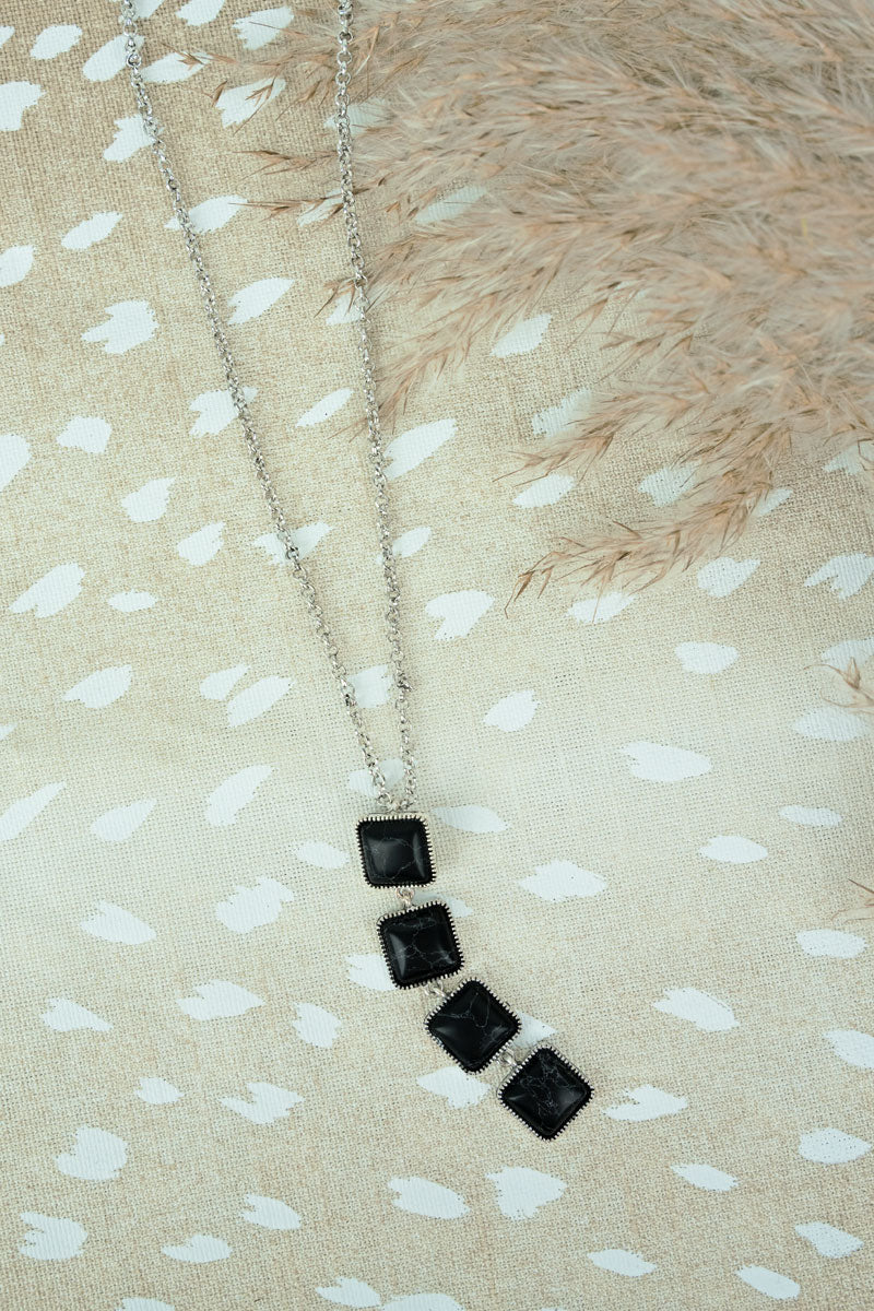 Silver and Black Square Stone Necklace