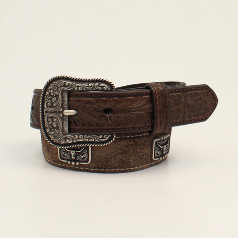 Ariat Boys Distressed Brown Longhorn Concho Belt with Embossed Tabs