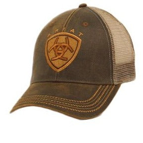 Ariat Men's Oil Skin Golden Logo Trucker Cap in Brown/Tan