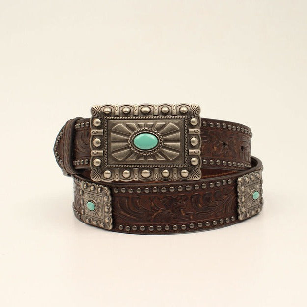 Ariat Women's Floral Embossed Brown Belt with Turquoise Conchos