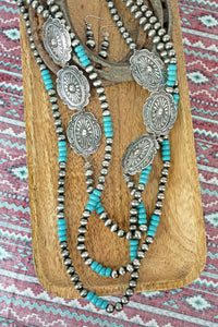 Concho Mountain Turquoise and Silver Pearl Necklace and Earring Set
