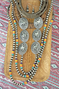 Horse Concho Multi-Color and Silver Pearl Necklace Earring Set