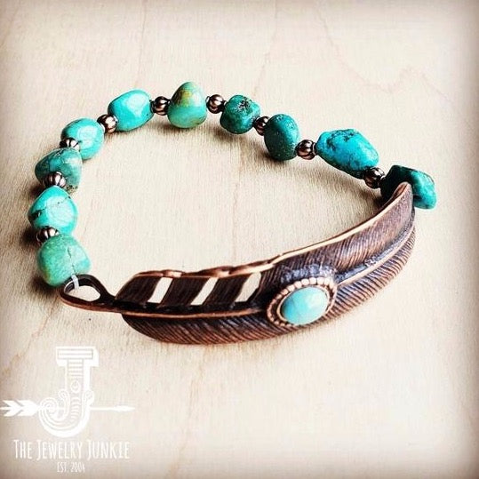 Natural Turquoise Bracelet with Copper Feather Center