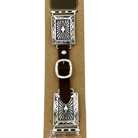 Rectangle Silver Concho Adjustable Watch Band-Brown
