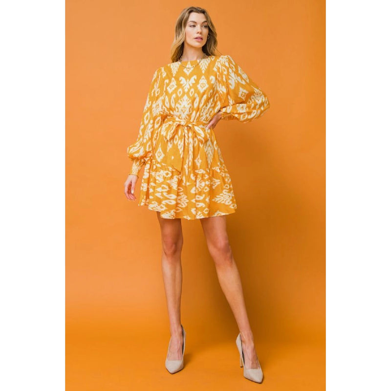 Belted Abstract Woven Mini Dress in Mustard