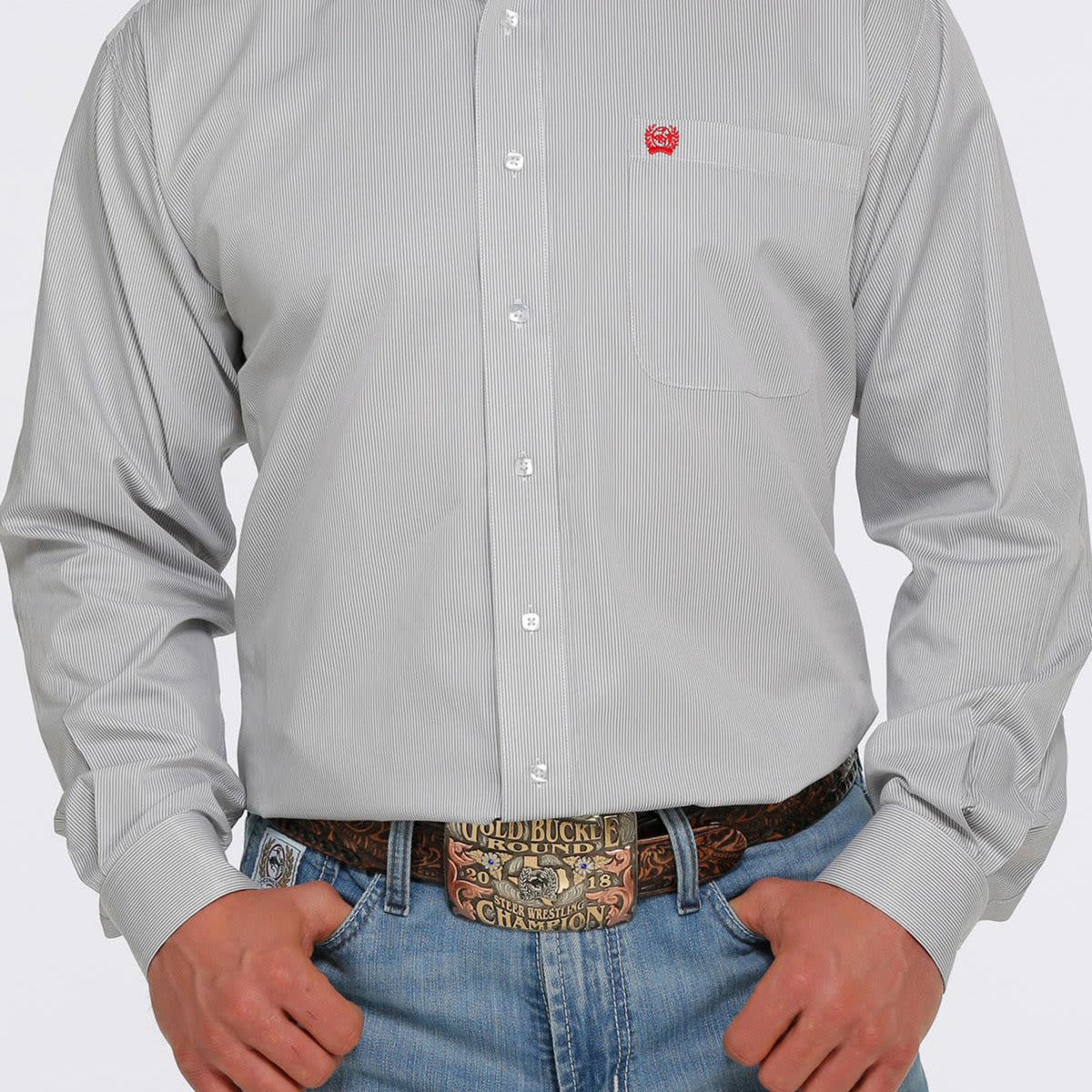 Cinch Men's Grey and White Pin Stripe Long Sleeve Western Shirt