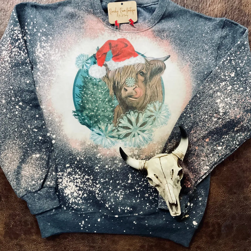 Women's Christmas Highland Cow Distressed Sweatshirt