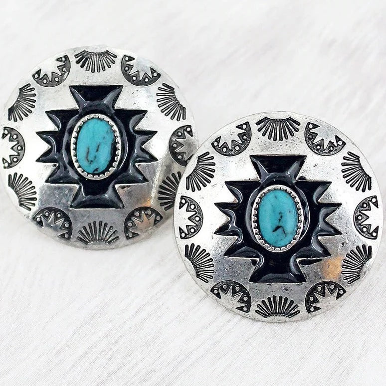 Turquoise and Silver Aztec Earrings