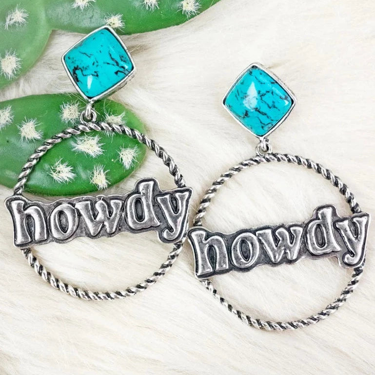 Turquoise and Silver 'Howdy' Hoop Earrings