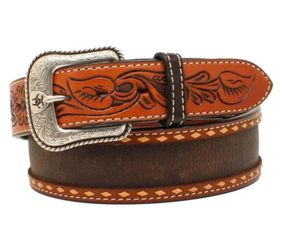 Ariat Men's Buck Stitched Belt with Floral Tooled Tabs