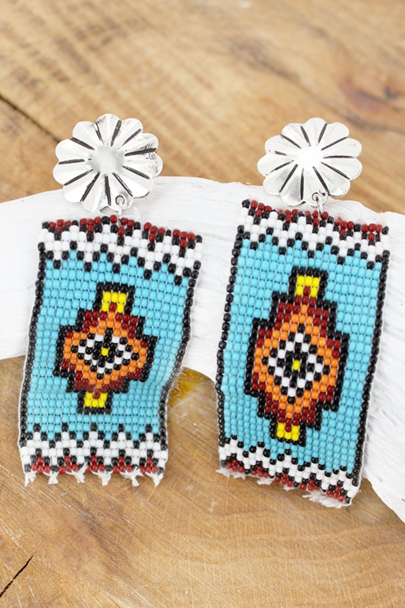 Silvertone Concho and Sand Canyon Seed Bead Banner Earrings