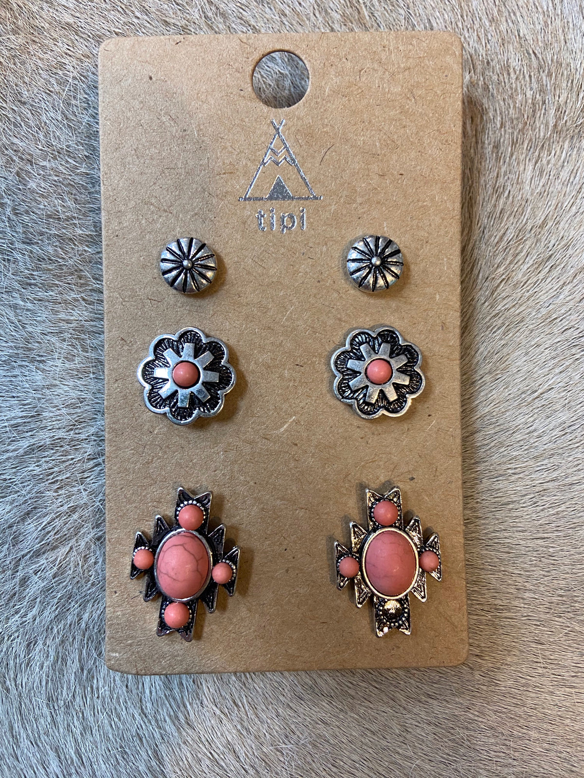 Pink Western Cross and Flower Stud Earrings 3 Pair Set