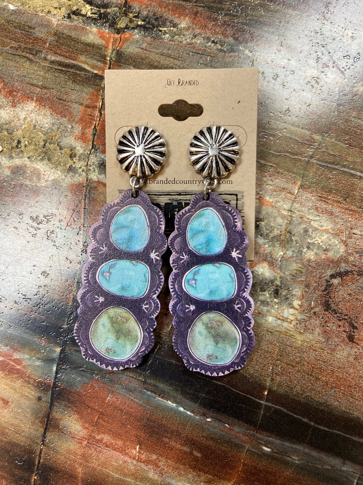 Silvertone Concho and Triple Turquoise Stone Print Wood Earrings