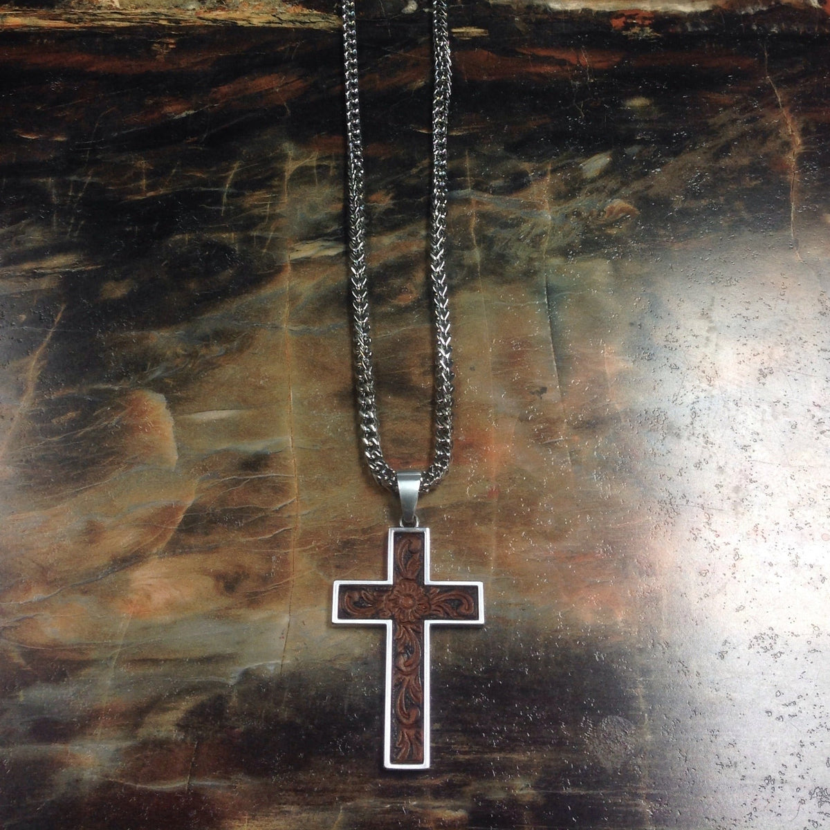 Twister Men's Tooled Leather Inlay Cross Necklace