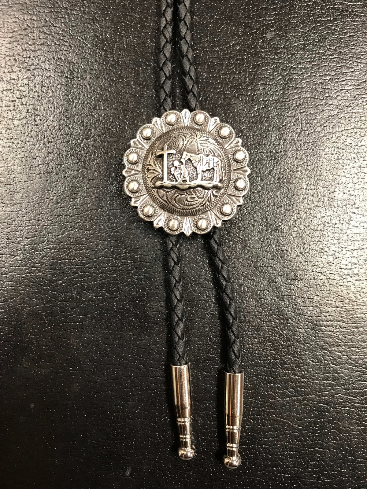 Double S Round Praying Cowboy Bolo Tie