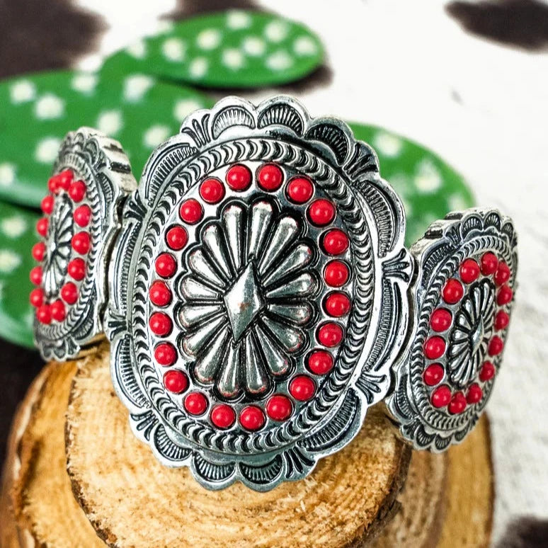 Silver and Red Concho Stretch Bracelet