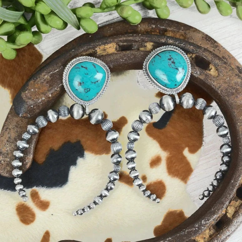 Turquoise and Navajo Pearl Squash Blossom Earrings