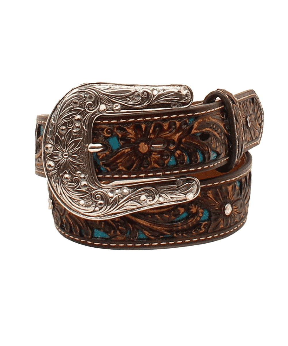 Ariat Girls Western Belt with Floral Tooling and Turquoise Underlay