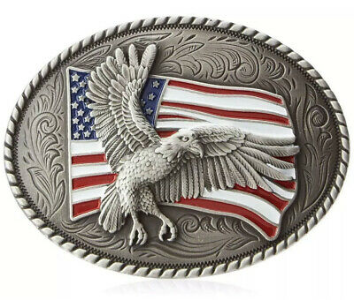 Nocona Men's USA flag and Eagle Antique Silver Oval Belt Buckle