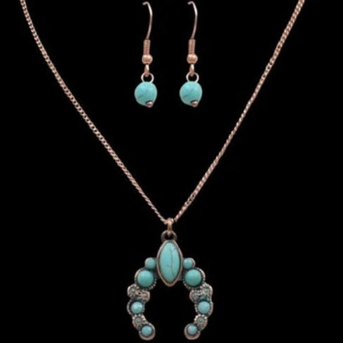 Silver Strike Turquoise and Copper Squash Blossom Necklace and Earring Set