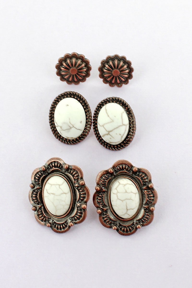 Santa Rosa White Beaded Coppertone Earrings 3 Pair Set