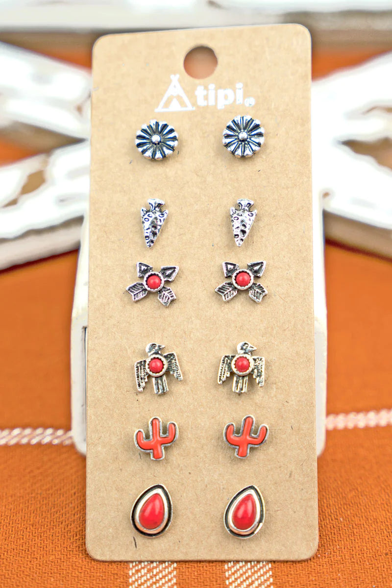 Red and Silver Stud Earrings 6 Pair Set
